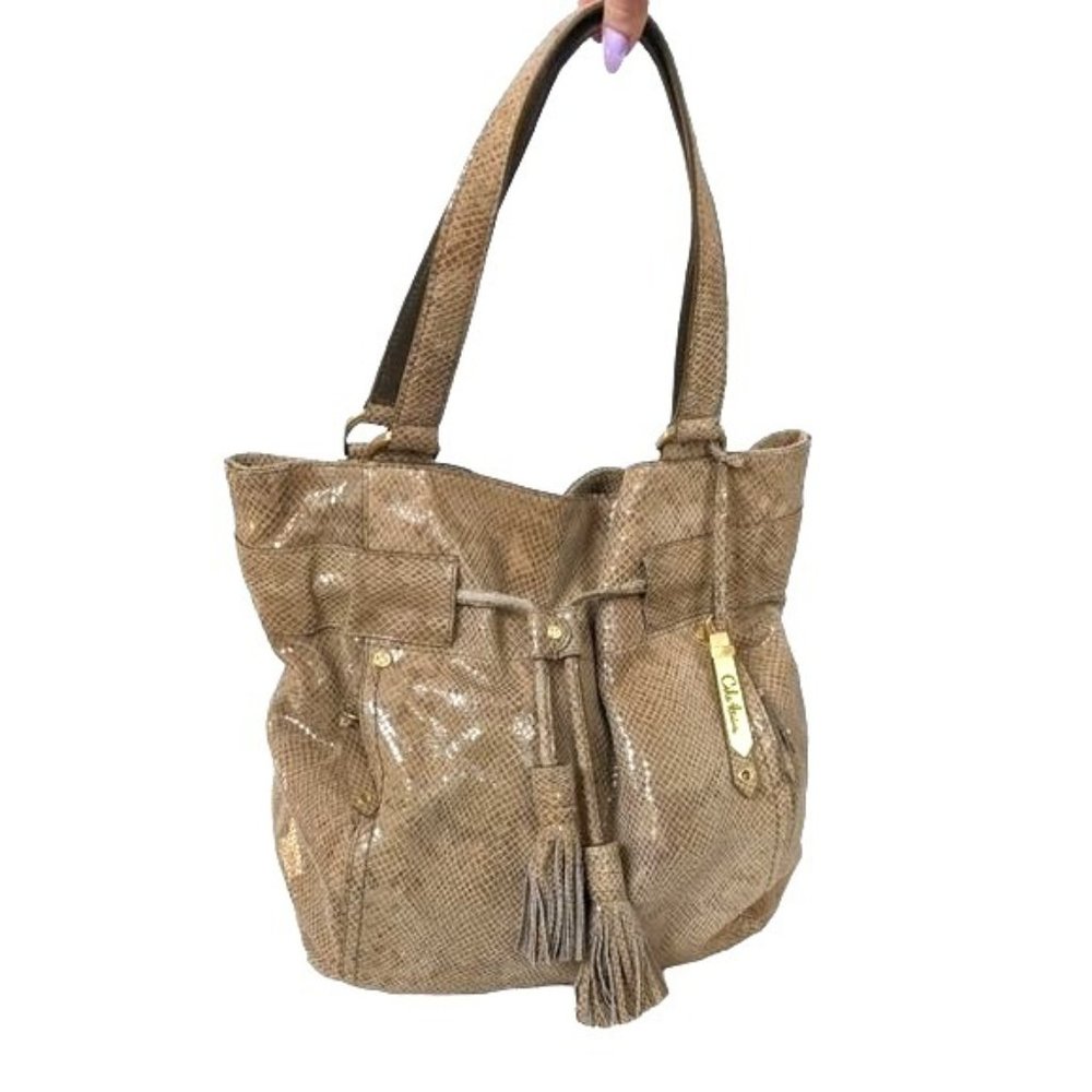 Cole Haan Large Suede Leather Tan Snakeskin Shoulder Bag Tassel Tote Neutral
